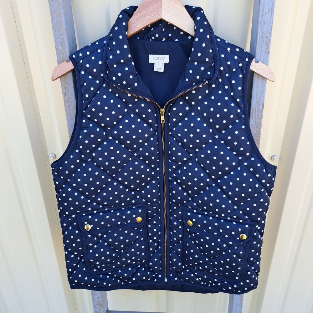 J.Crew Puffer Insulated Down Vest Zip Pockets Navy Blue White Polka Dots Medium